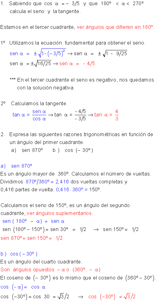Ejercicios ángulos distintos cuadrantes.