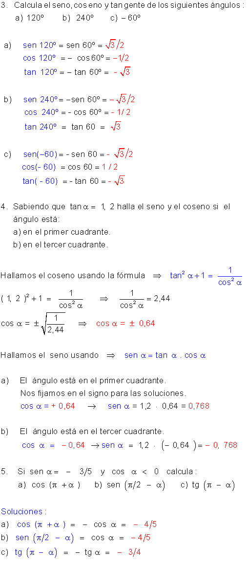 Ejercicios ángulos distintos cuadrantes.