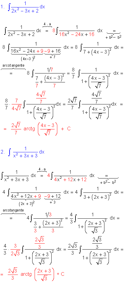 Integrales de tipo arcotangente.